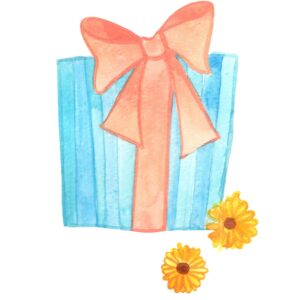 Blue gift box, pink bow ribbon and yellow daisy watercolor for decoration on Birthday event.